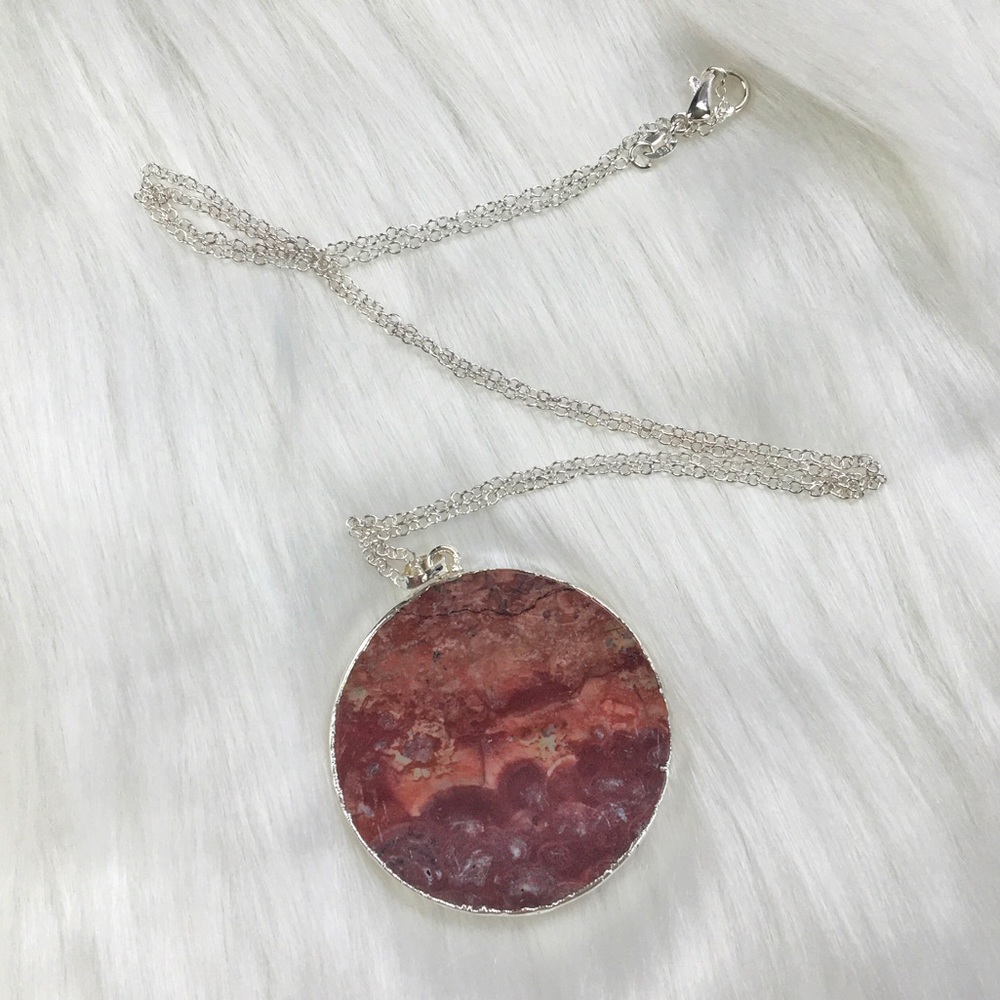 New 925 Sterling Silver Red Mexican Happy Lace Agate Slice Pendant Necklace - Picture 8 of 14